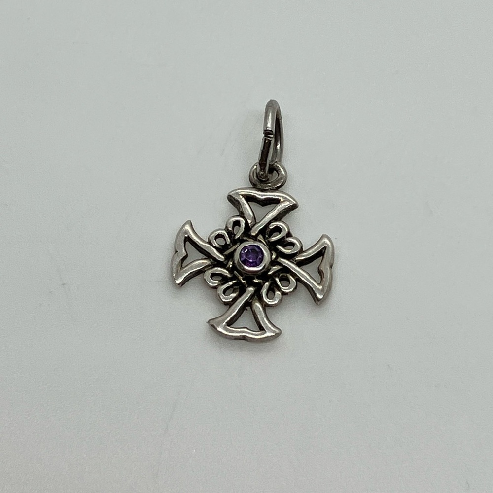 Vtg 925 Sterling Silver Amethyst Celtic Cross Charm / Pendant